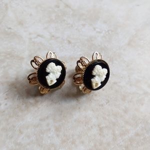 Vintage Cameo Portrait Floral Filigree Goldtone Screwback Earrings
